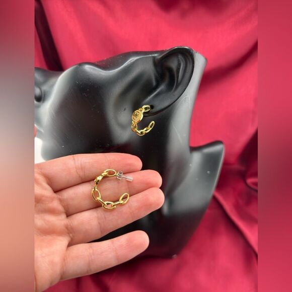 Michael Kors Gold-Tone Pavé Logo Hoop Earrings - Picture 9 of 10